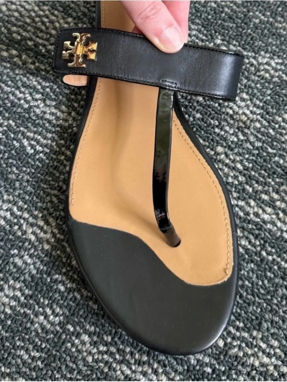 Tory Burch Black Leather Logo Thong Sandals with Tan Insole